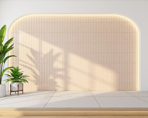 Modern japan style empty room with light color pattern wall and a raised wooden floor, green indoor plant. 3D rendering