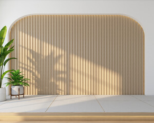 Modern japan style empty room with wood slat wall and a raised wooden floor, green indoor plant. 3D rendering