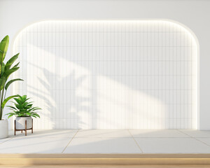 Modern japan style empty room with white pattern wall and a raised wooden floor, green indoor plant. 3D rendering