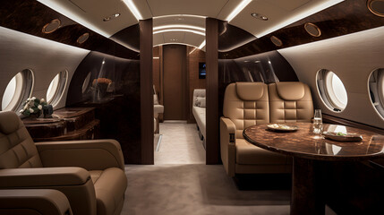 luxurious private jet interior with leather seating and w generative AI