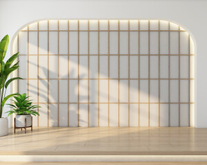 Modern japan style empty room with wood lattice wall and a raised wooden floor, green indoor plant. 3D rendering