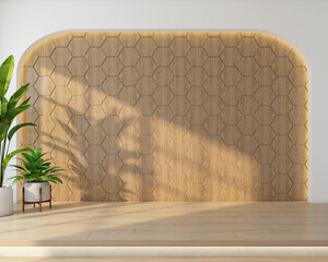 Minimalist style empty room with wood pattern wall and a raised wooden floor, green indoor plant. 3D rendering
