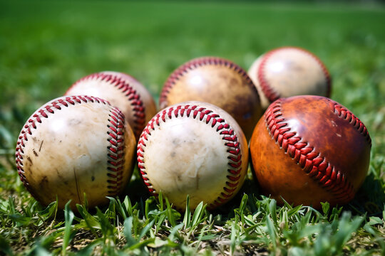 Photo of a pile of baseballs scattered on the grass