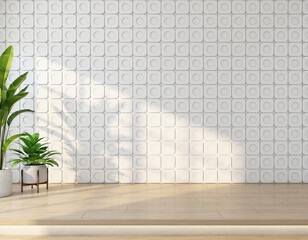 Minimalist style empty room with white pattern wall and a raised wooden floor, green indoor plant. 3D rendering