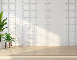 Minimalist style empty room with white pattern wall and a raised wooden floor, green indoor plant. 3D rendering