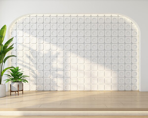 Minimalist style empty room with curved wall and white pattern wall, raised wooden floor and green indoor plant. 3D rendering