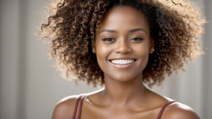 Young Black female model with perfect teeth over neutral background.