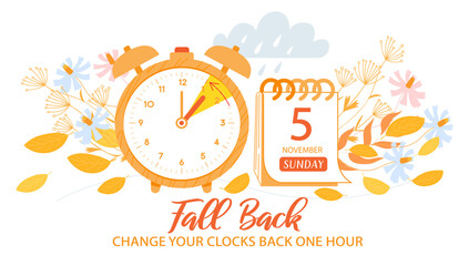 Fall Back, change clock back one hour. Daylight Saving Time Ends at sunday, 5 november 2023. Clock Backward web reminder banner. Alarm Clock with arrow turning back an hour, cozy vector illustration
