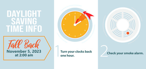 Daylight saving time ends 5 november 2023 banner. Fall back time. Banner reminder with info about changing time and batteries in smoke alarm. Clock back one hour. USA and Canada