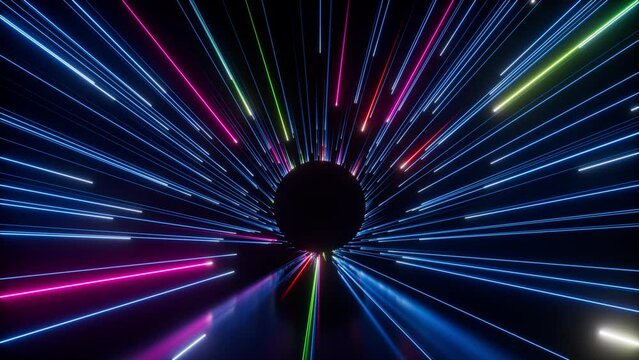 Abstract black background with pink and blue neon glowing lines that extend into the distance, form a circle and disappear. 3d render motion speed of light and hypertunnel. Moving away.