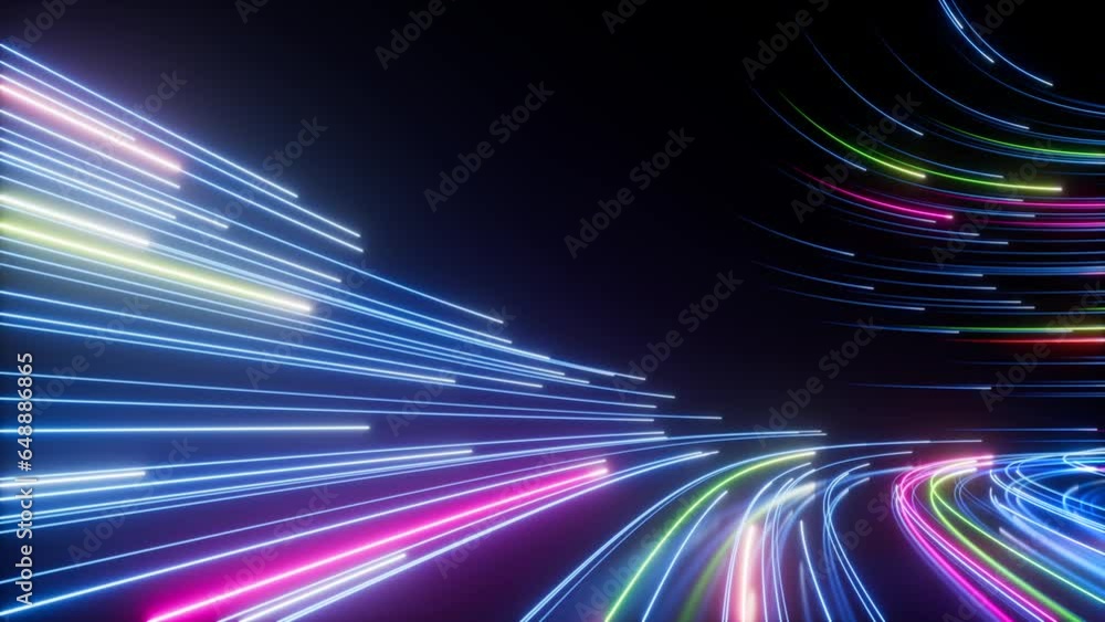 Poster abstract black background with pink and blue neon glowing lines that extend into the distance, movin