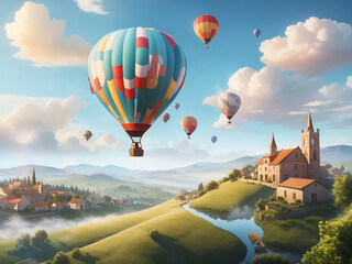 Fototapeta na wymiar a dreamy and surreal scene of a hot air balloon drifting peacefully over a picturesque countryside, with rolling hills and charming villages below.
