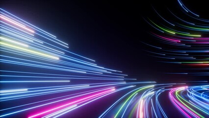 Abstract black background with pink and blue neon glowing lines that extend into the distance, moving through a tunnel to the right. 3d render motion speed of light and hypertunnel. Moving away. - Powered by Adobe