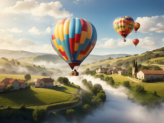 Obraz premium a dreamy and surreal scene of a hot air balloon drifting peacefully over a picturesque countryside, with rolling hills and charming villages below.