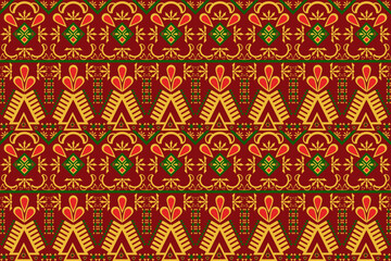Abstract ethnic pattern, seamless floral, ikat work, geometric shapes, Indian tribal pattern, tulki red green yellow for textiles prints rugs cushions bed sheets.