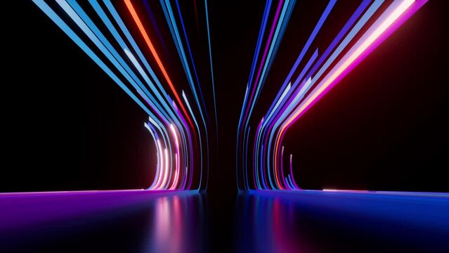 3d animation. Abstract background. Blue pink neon stripes and ribbons appear, slide on curvy trajectory from center to the sides and disappear. Modern wallpaper in slow motion