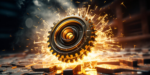 Gears with sparks of friction - obrazy, fototapety, plakaty
