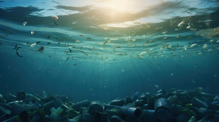 Fototapeta na wymiar Environmental issue: Underwater pollution with plastic bottles and garbage