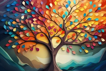 abstract tree with colorful circles abstract autumn tree painting . Colorful leaves forming a Tree of Life.