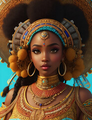 3d rendering of a beautiful African woman with gold and yellow toned clothing.