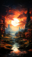 Abstract fantasy landscape with a lovely sun, inspiration for an album cover or playlist tile. - obrazy, fototapety, plakaty
