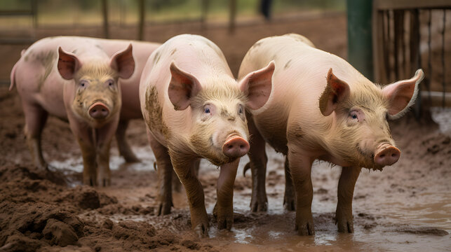 group of pigs rooting in a muddy pen one generative AI