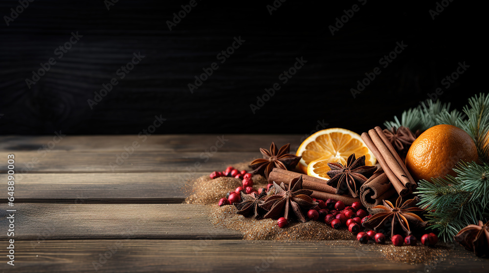 Aufkleber concept with spices on a wooden background with a christmas tree. generative ai