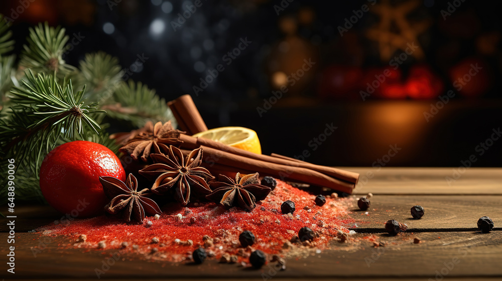 Poster top view different seasonings with christmas tree and toys on light background. generative ai