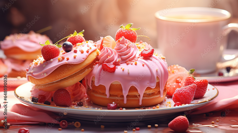Poster blue background with track of colorful whole and bitten donut cakes. generative ai