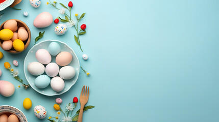 Easter cooking concept, Top view photo of plates with easter eggs kitchen utensils. Generative Ai