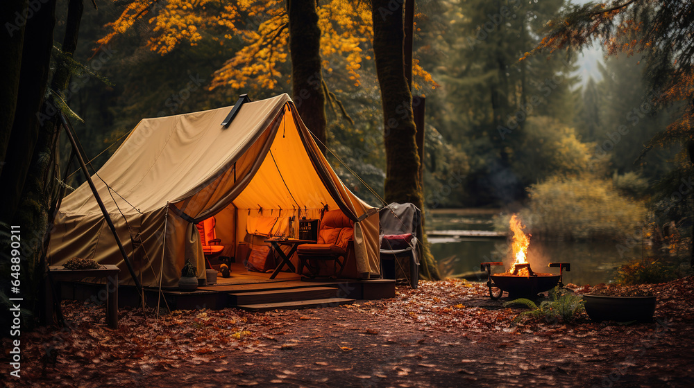 Poster simple, natural colored canvas tent set up in a campground in the forest between trees. generative a