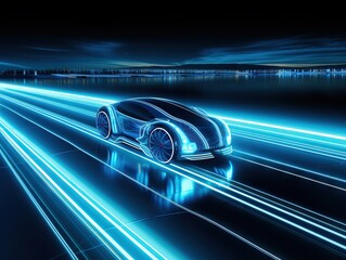 futuristic car is driving through the city at night