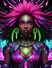 3d illustration of a beautiful african american woman with neon lights