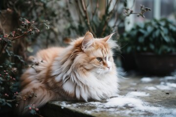 Naklejka na ściany i meble Long haired white and orange cat lying on a wood bench in a greenhouse