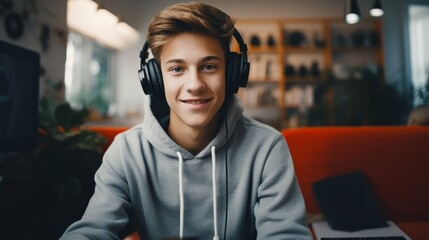 Teenager with headphones  runs a vlogging channel at home