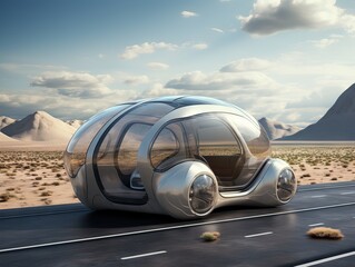 futuristic car with a futuristic design driving down the road