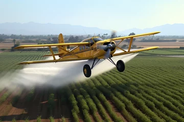 Fototapeten Crop Duster plane spraying crops. Dirty and harmful agribusiness - spraying chemicals for accelerated crop growth. © Stavros