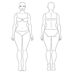 Plus size female fashion figure templates. Curvy woman body vector line illustration, front and back views. Curvy fashion model.