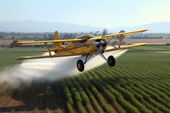 Crop Duster plane spraying crops. Dirty and harmful agribusiness - spraying chemicals for accelerated crop growth.