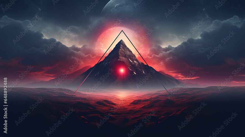 Poster illustration of a mountain with a triangle in the middle. generative ai