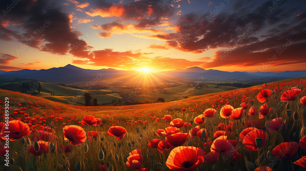 Aufkleber a field of poppies with a mountain in the background. generative ai