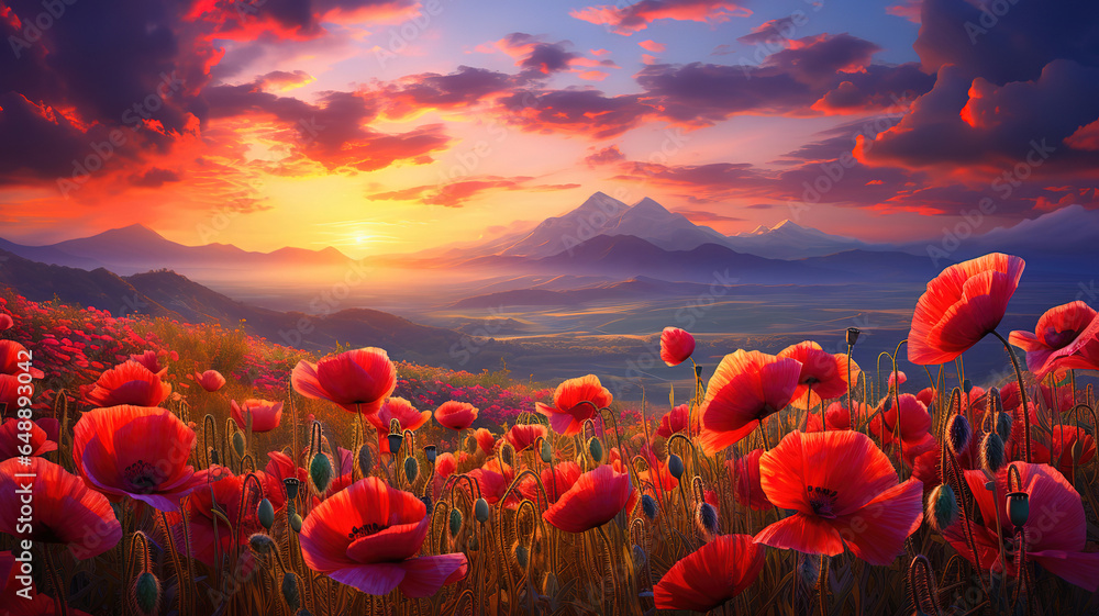 Poster a field of red poppies with a blue background and a blue background. generative ai