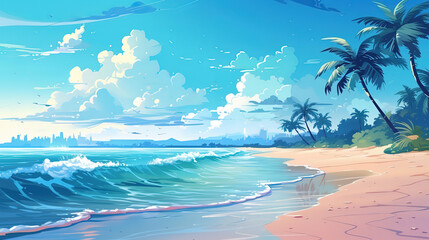 Fototapeta na wymiar Summer enjoy your holidays, big sale poster with sea, tropical beach, sunrise. Generative Ai