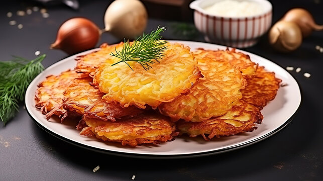 Patato pancakes with sour cream isolated on wahite surface. Generative Ai