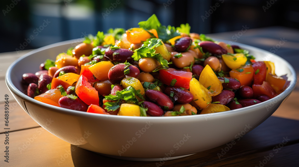 Poster close up of three bean salad with cumin vinaigrette served in bowl. generative ai