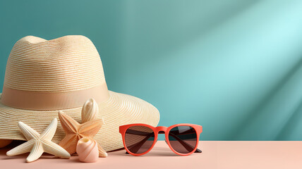 July is UV safety awareness month, sunscreen bottles, sunglasses, sunhat, starfish. Generative Ai