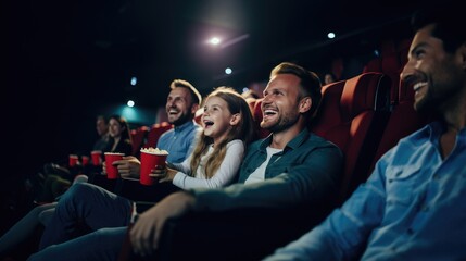 A young joyful couple is with their daughter in the cinema, watching an exciting movie