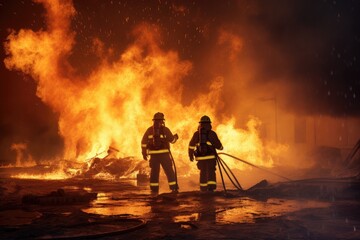 Fototapeta premium Firefighters extinguish a burning fire