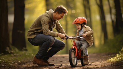 Learning, bicycle and proud dad teaching his young son