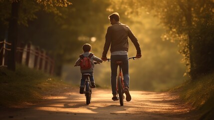 Learning, bicycle and proud dad teaching his young son - obrazy, fototapety, plakaty